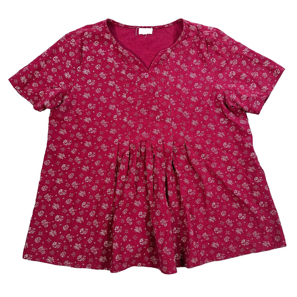 Roolee Short Sleeve Pleated Top Women's XXL Red Floral V-Neck Peasant Blouse - Picture 1 of 7